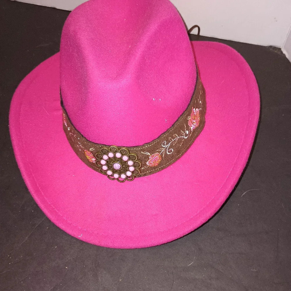 Pink Fedora Hat with Embroidered Band - Picture 1 of 5